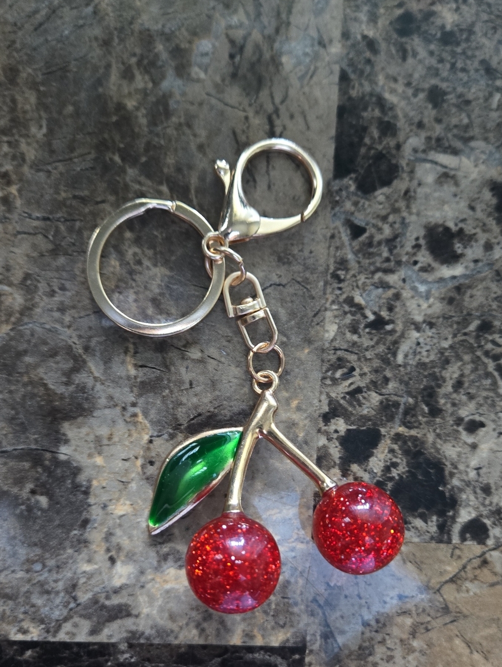 Cherry Keychain /Bag Charm  with Red Glitter Charms- Gold Toned, NWOT